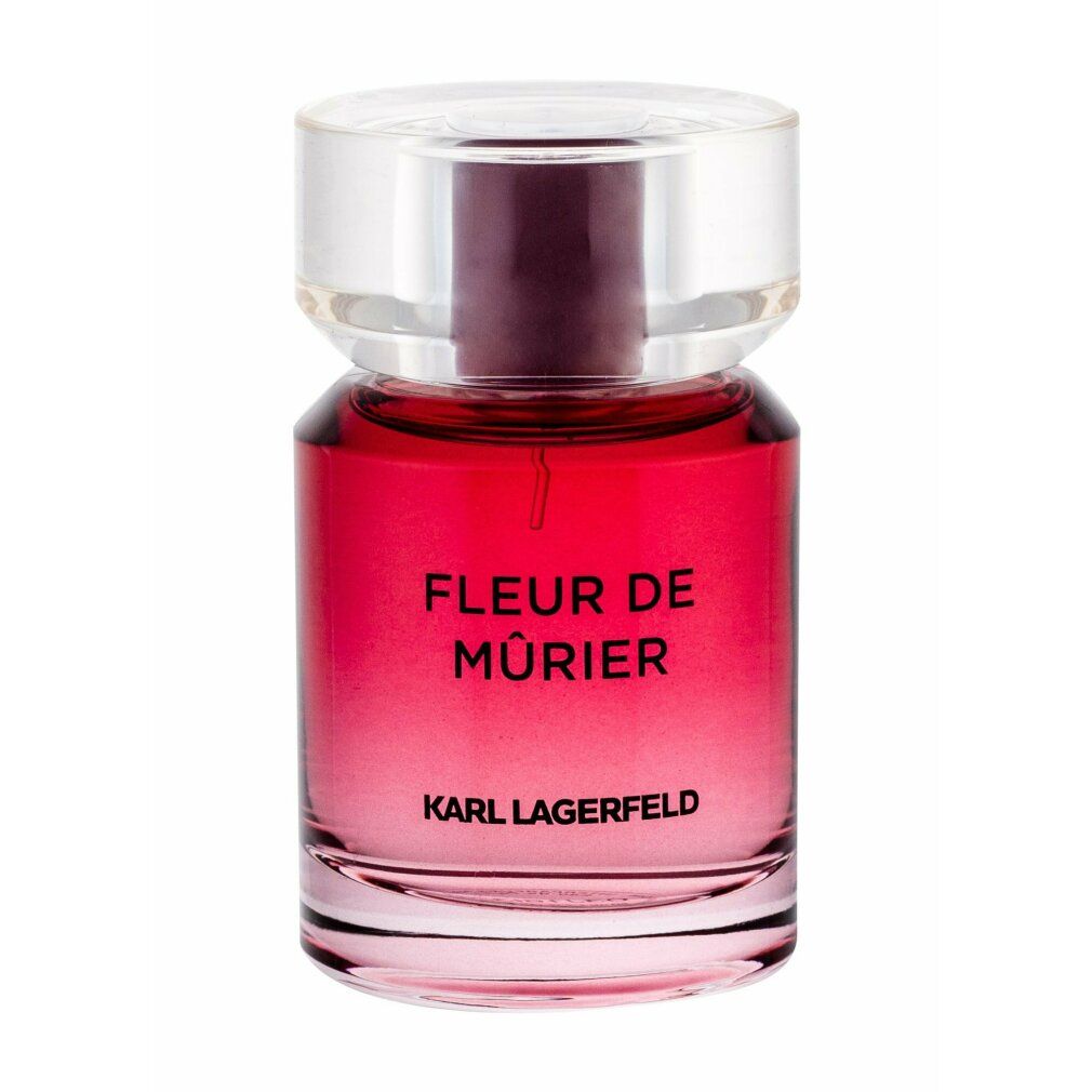 Flasche mit rotem Inhalt, klarer Verschluss. Aufschrift: FLEUR DE MURIER, KARL LAGERFELD.