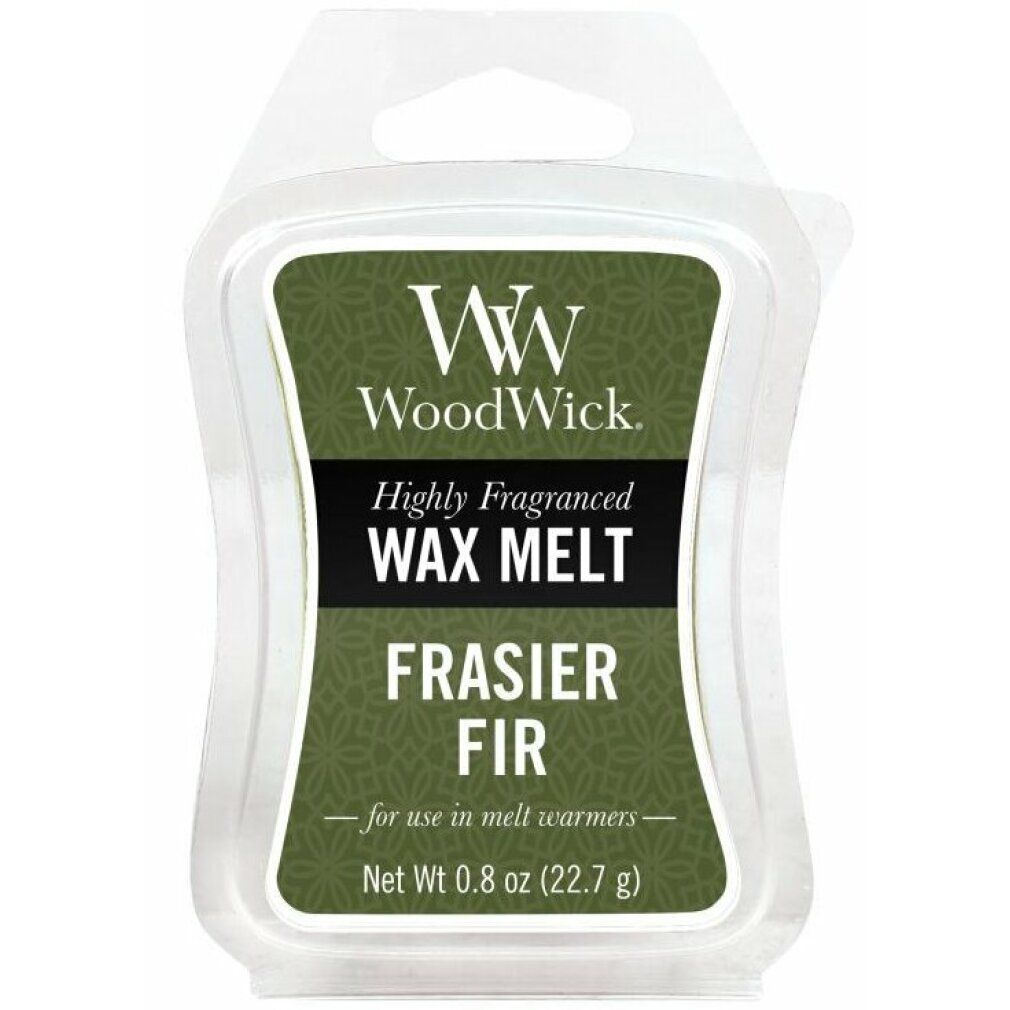 Wachsmelt "Frasier Fir" von WoodWick. Grün-weiß Verpackung. Text: "Highly Fragranced WAX MELT". Netto 0.8 oz (22.7 g).