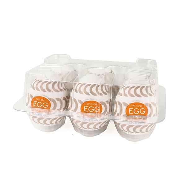 Sechs ovale Produkte in einer transparenten Verpackung. Auf jedem Produkt steht EASY BEAT EGG RING.