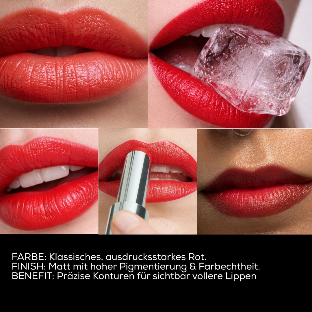 Collage von Lippen in Rot, mit Eiswürfel und Lipliner.
