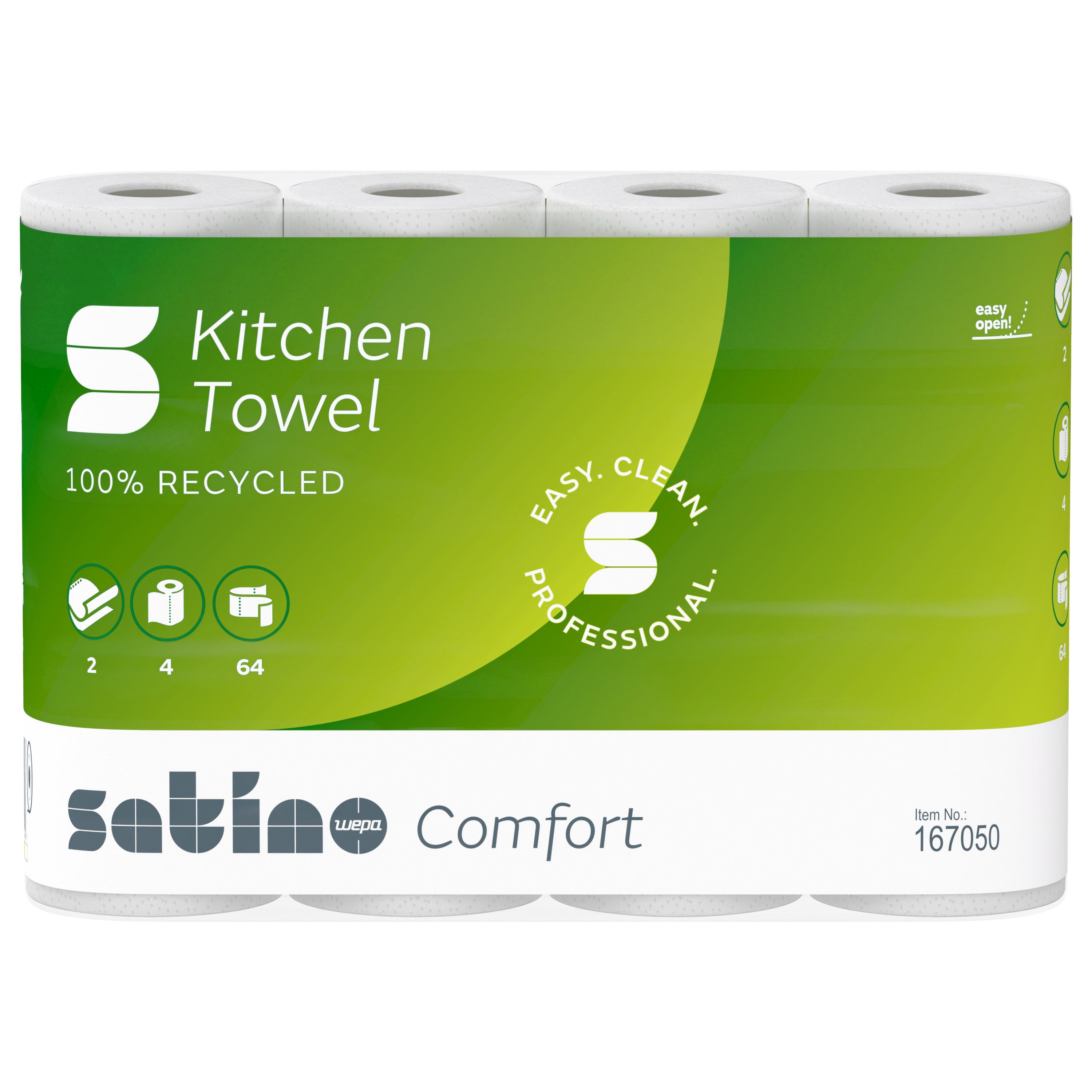Satino Küchenrolle, 2-lagig, in Verpackung. Aufdruck: 100% Recycled, Kitchen Towel, easy, clean, professional. Artikelnummer: 167050.
