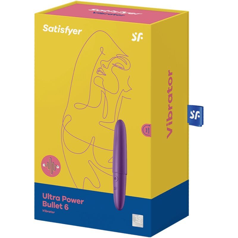 Verpackung. Gelber Karton mit Produkt und Illustration. Aufschrift: Satisfyer, Ultra Power Bullet 6, Vibrator.
