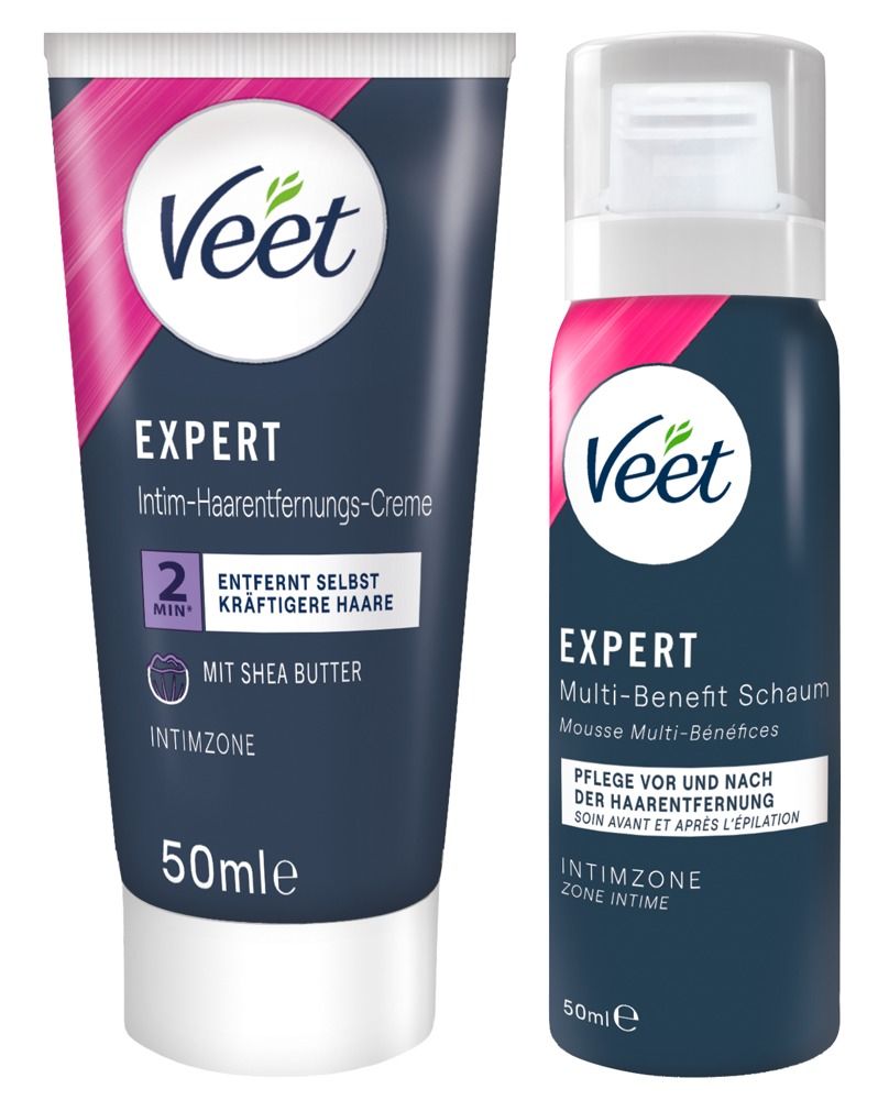Veet Expert Intim-Haarentfernungs-Creme (50ml) und Multi-Benefit Schaum (50ml) mit Sheabutter.