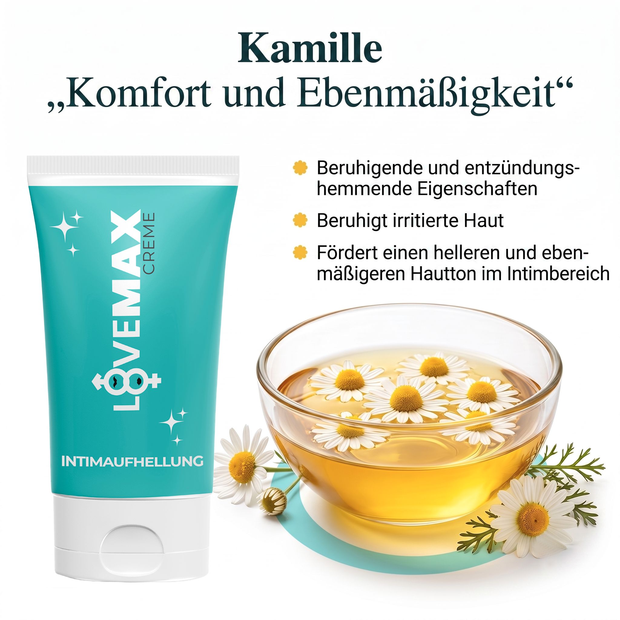 LOVEMAX Creme Tube neben einer Schale mit Kamillenblüten und Honig.