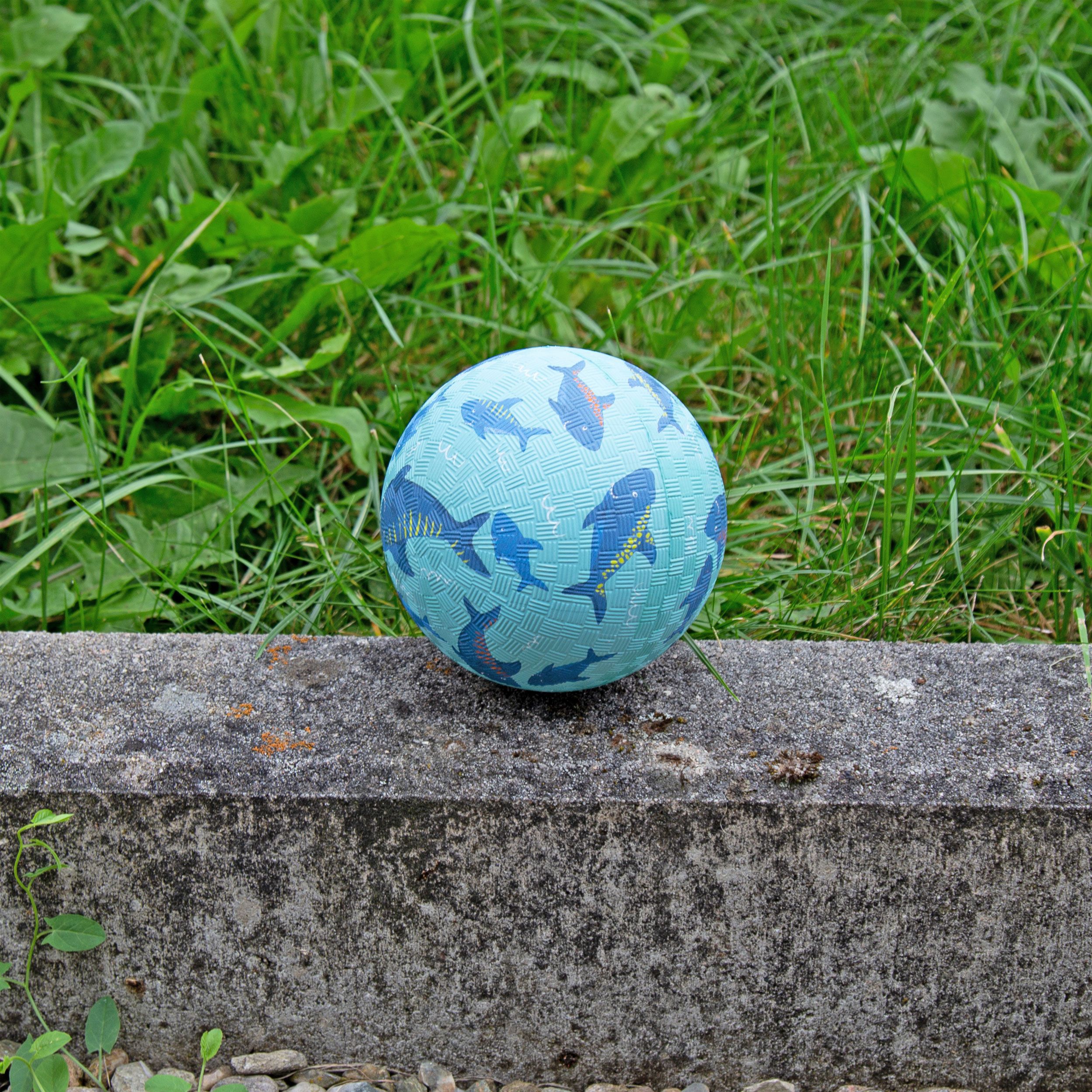 Blauer Ball mit Hai-Motiv auf Betonplatte, umgeben von Gras. Außenaufnahme.