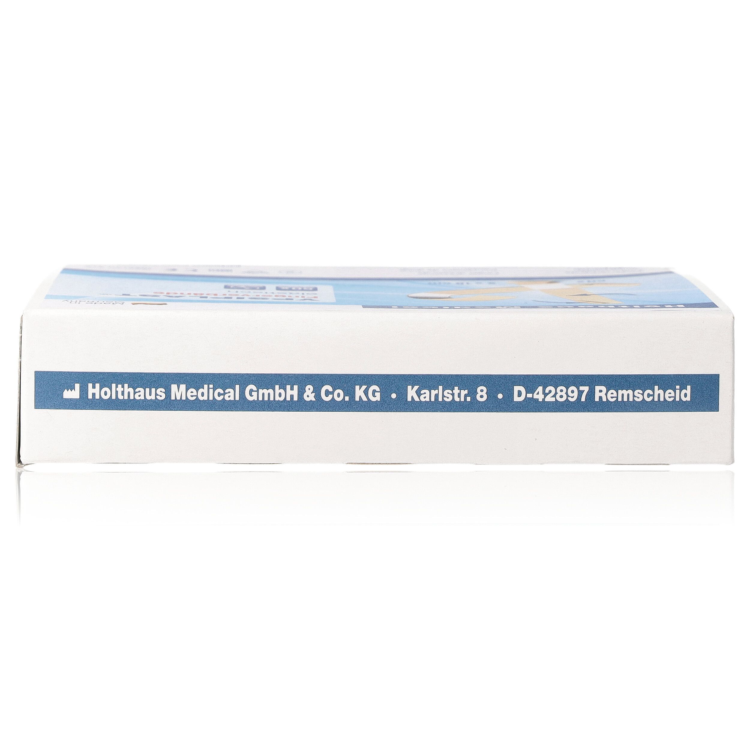 Kartonverpackung mit blauer Schrift. Holthaus Medical GmbH & Co. KG, Karlstr. 8, D-42897 Remscheid.
