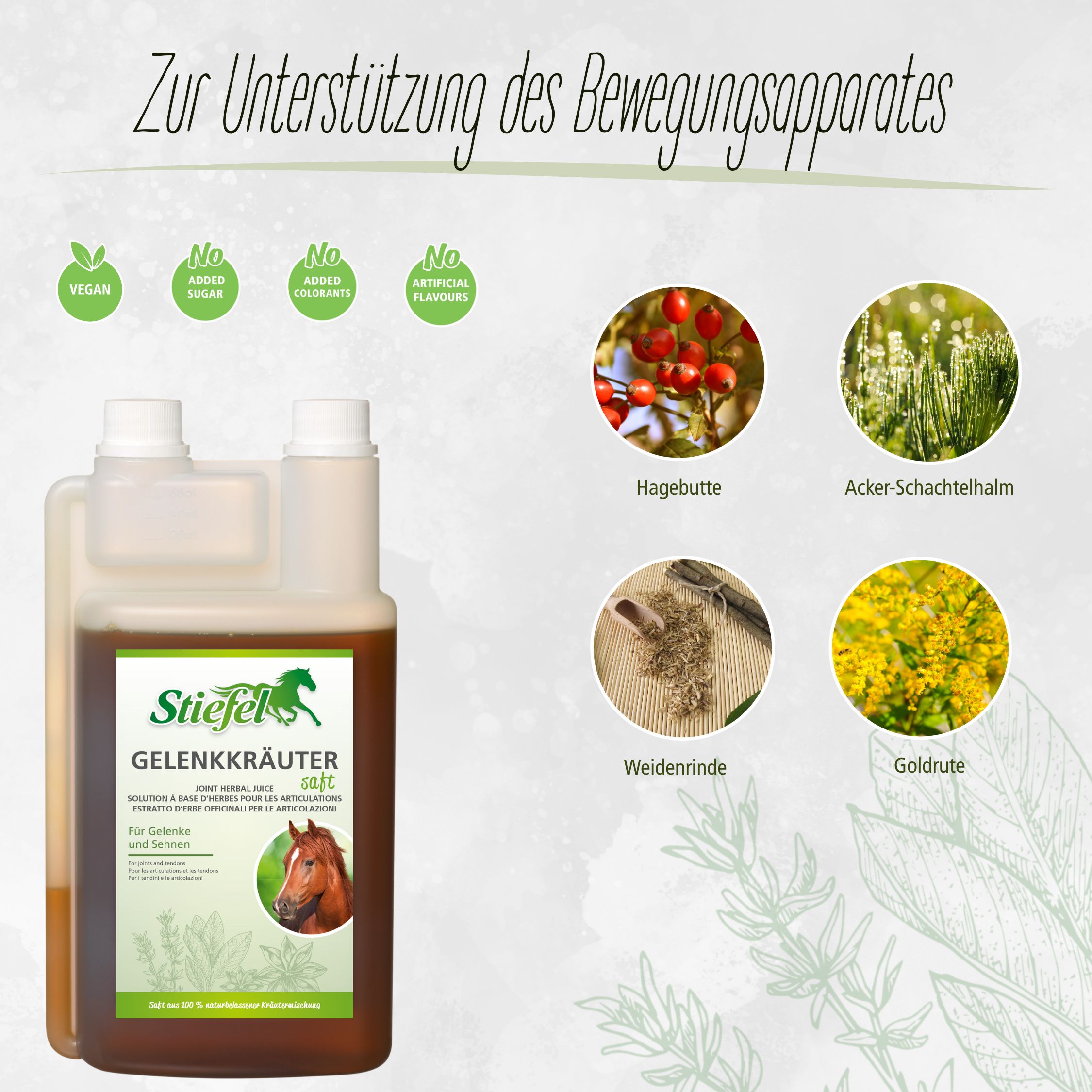 Doppelpackung Stiefel Gelenkkräuter Saft. Aufschrift: Zur Unterstützung des Bewegungsapparates. Vegan, ohne Zucker, ohne Zusatzstoffe, ohne Aromen.