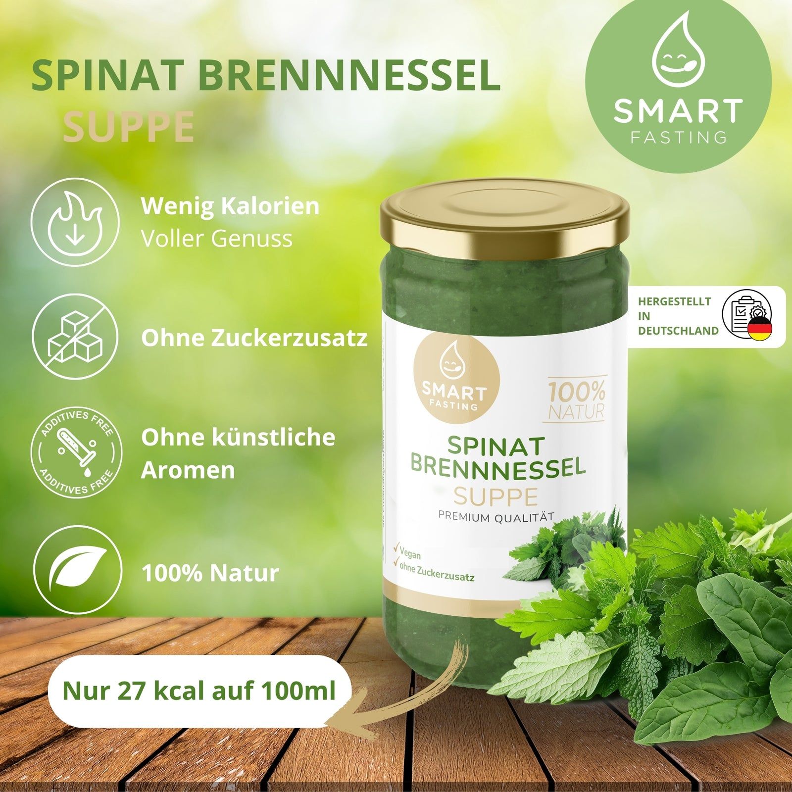 Glas mit Spinat Brennnessel Suppe. Grün, mit goldenem Deckel. Text: Smart Fasting, 100% Natur, ohne Zuckerzusatz.