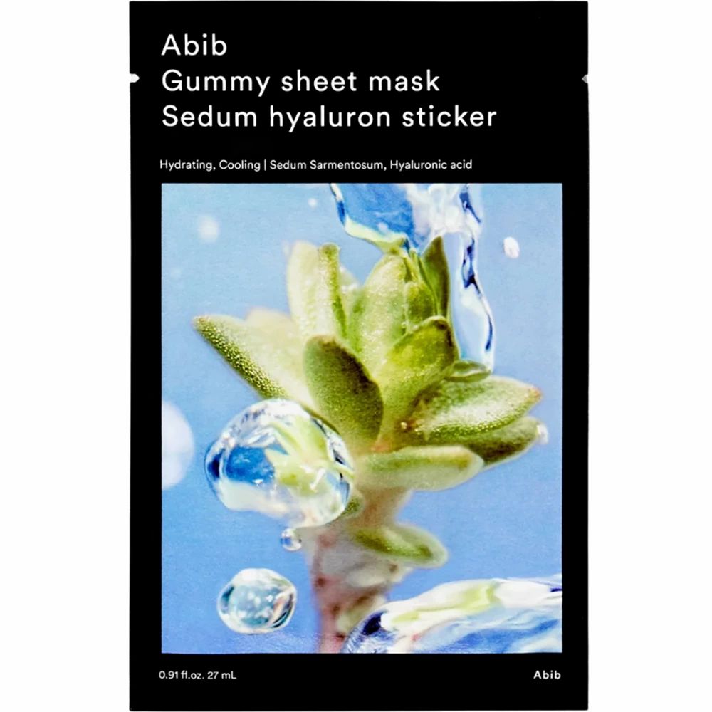 Abib Gummy Sheet Mask Sedum Hyaluron Sticker Packung mit Pflanze und Wasser.