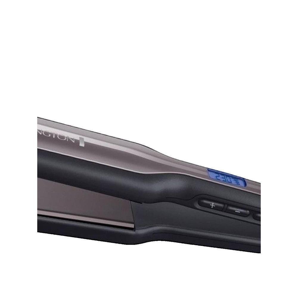 Detailansicht des HAARGLÄTTER PRO CERAMIC ULTRA. Schwarzes Gehäuse, graue Platten. Digitalanzeige mit Temperatur.