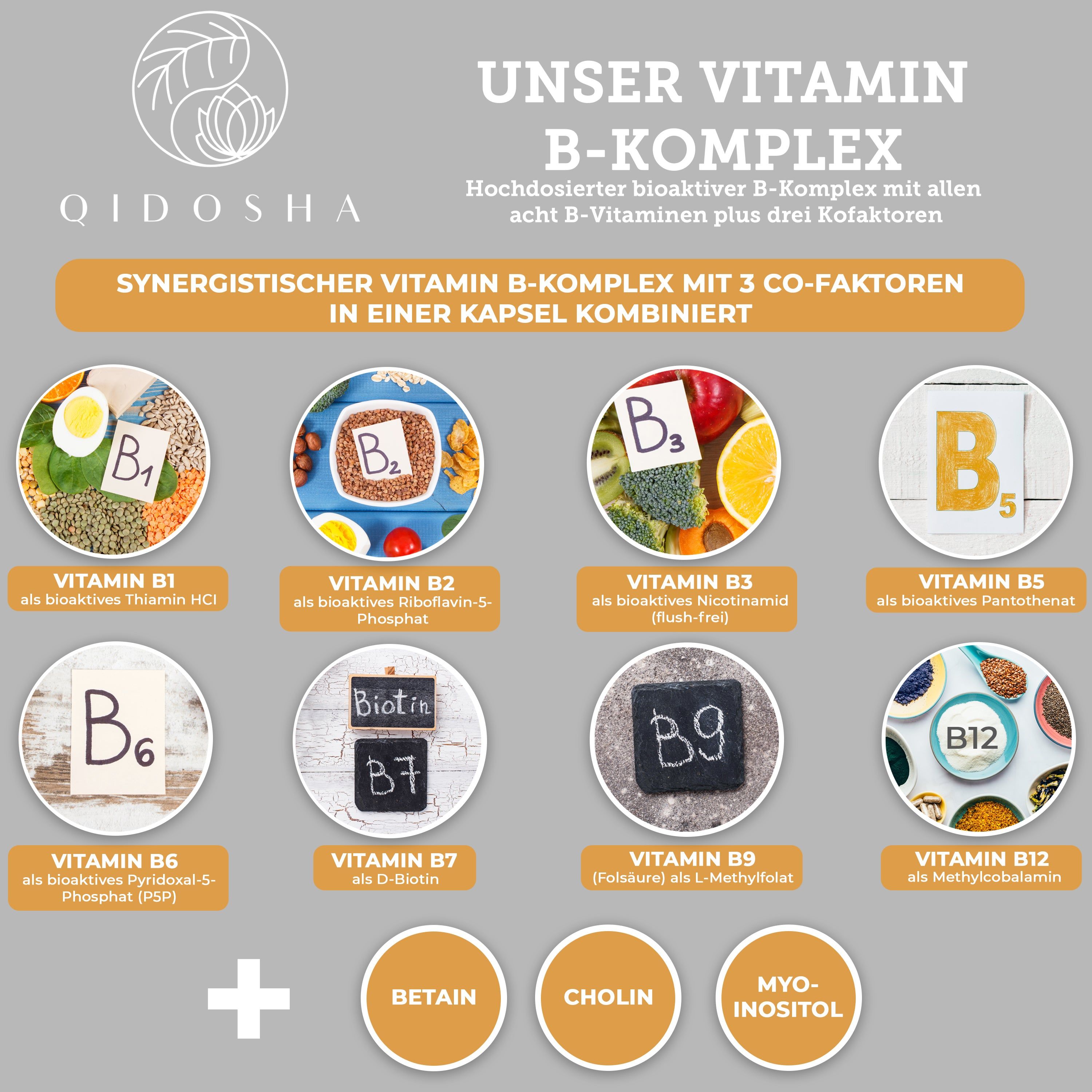Übersicht der acht B-Vitamine und drei Kofaktoren im QIDOSHA Vitamin B-Komplex.