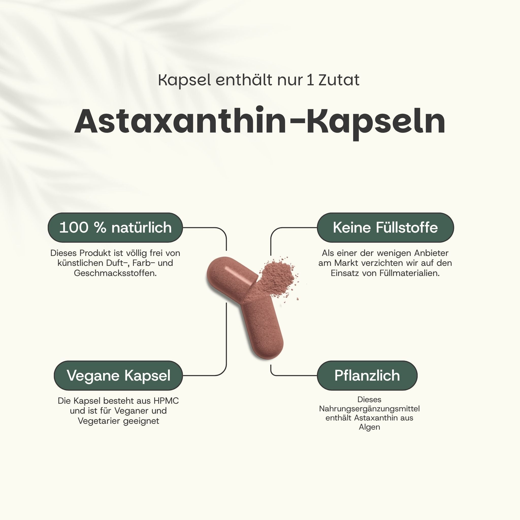 Astaxanthin-Kapseln: nur 1 Zutat, 100% natürlich, keine Füllstoffe, vegane Kapsel, pflanzlich.