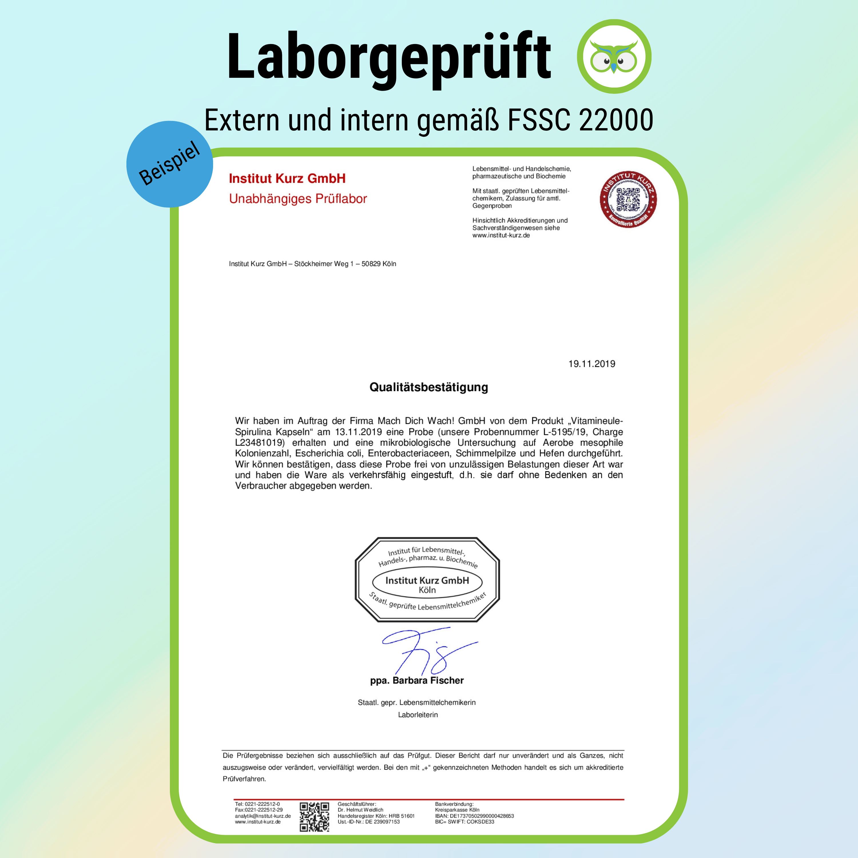 Zertifikat der Firma Institut Kurz GmbH. Unabhängiges Prüflabor. FSSC 22000. Unterschrift.