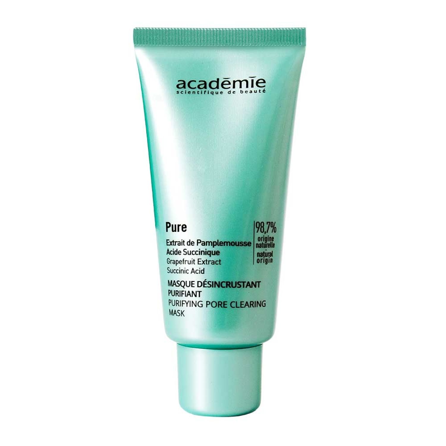 Hellgrüne Tube mit Produktnamen und Inhaltsstoffen. Text: Academie, Pure, Masque Désincrustant Purifiant. 98,7% natürlichen Ursprungs.