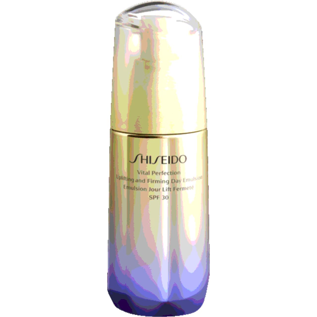 Shiseido Vital Perfection Emulsion. Flasche mit goldfarbenem Deckel und Pumpmechanismus. Farbverlauf von Gold zu Violett.