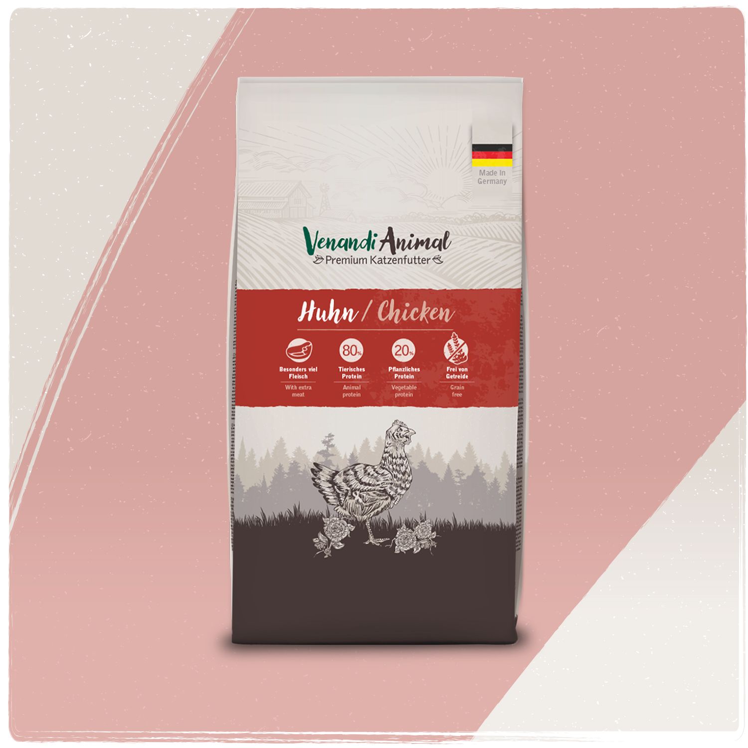 Venandi Animal Huhn Premium Katzenfutter Beutel mit Hühnerabbildung und deutschen Qualitätsmerkmalen auf rosa Hintergrund.