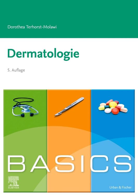 Buchcover mit Titel 'Dermatologie'. Unterteilt in grüne, orange und blaue Bereiche mit medizinischen Symbolen und dem Wort 'BASICS'.