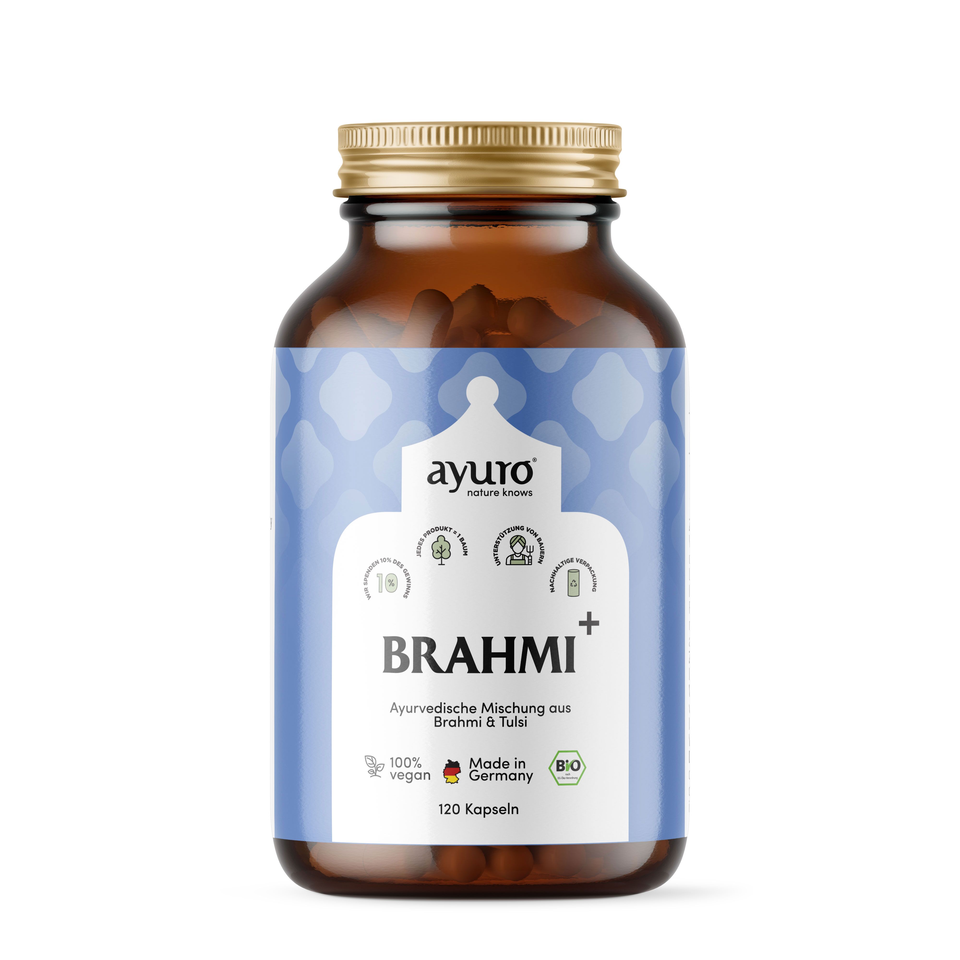 Braune Glasflasche mit goldfarbenem Deckel. Blau-weißes Etikett mit Produktnamen und Logo. 120 Kapseln. Vegan, Bio-Zertifizierung.