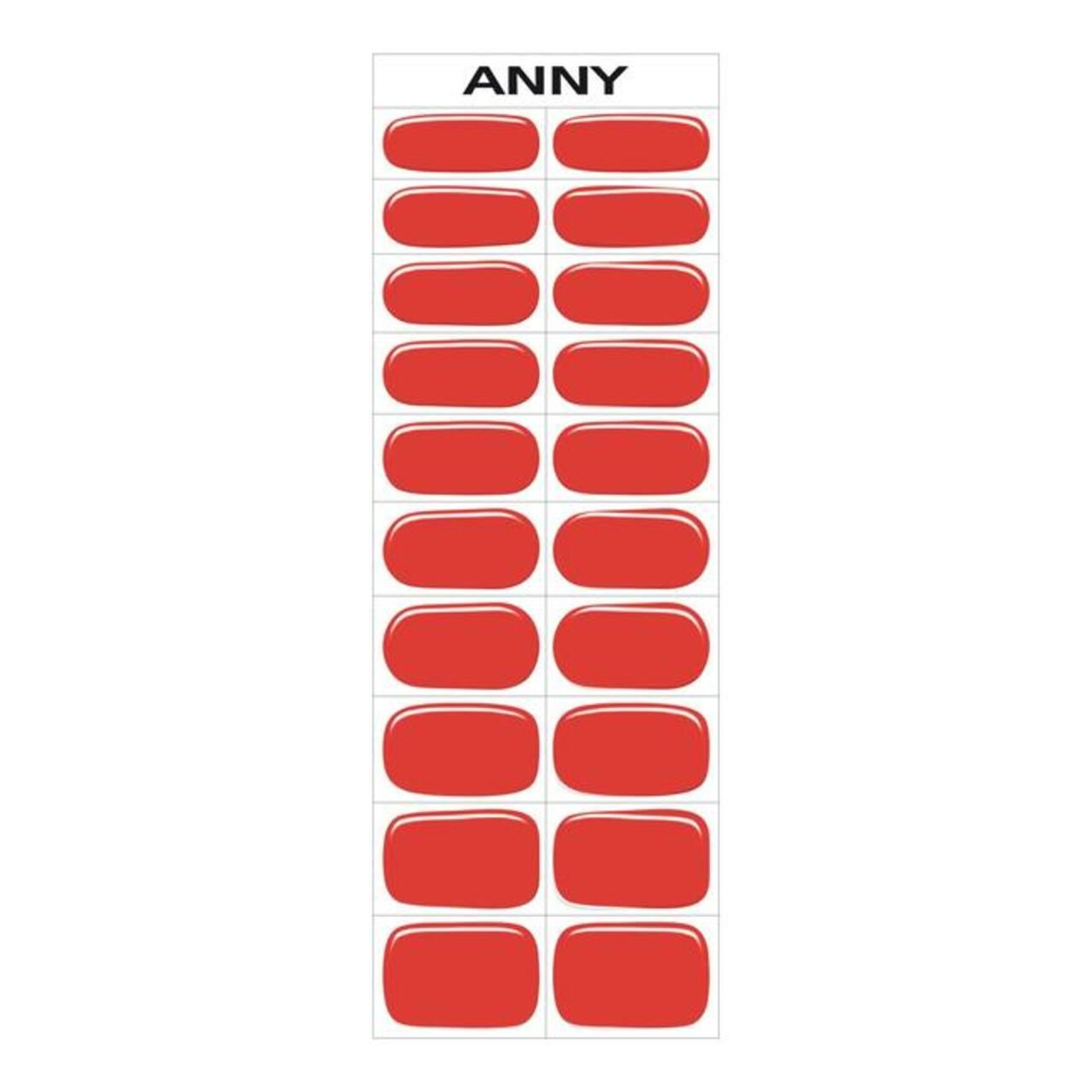Rote ANNY Gel Nail Strips. 20 Stück. Rechteckige Form. Auf weißem Hintergrund.