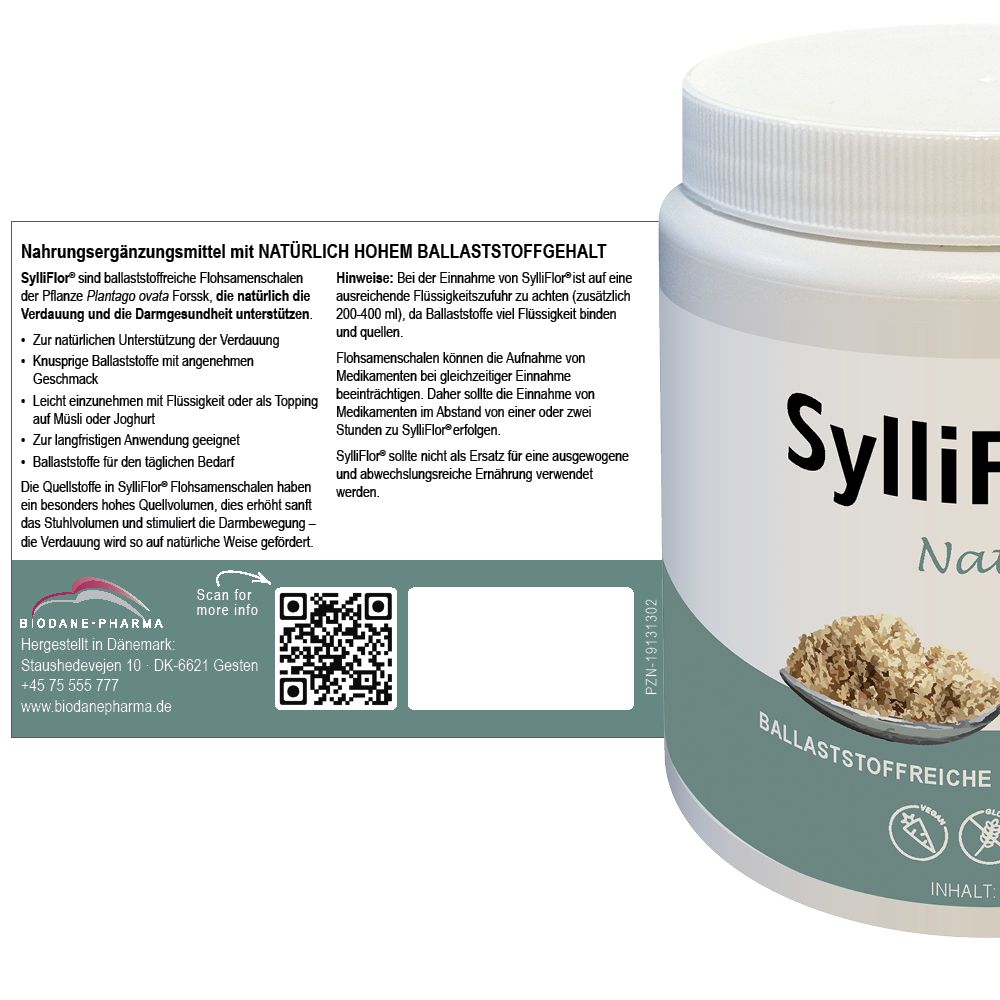 Produktglas SylliFlor Naturell mit Etikett. Text: Nahrungsergänzungsmittel mit hohem Ballaststoffgehalt. QR-Code. Text auf Deutsch.