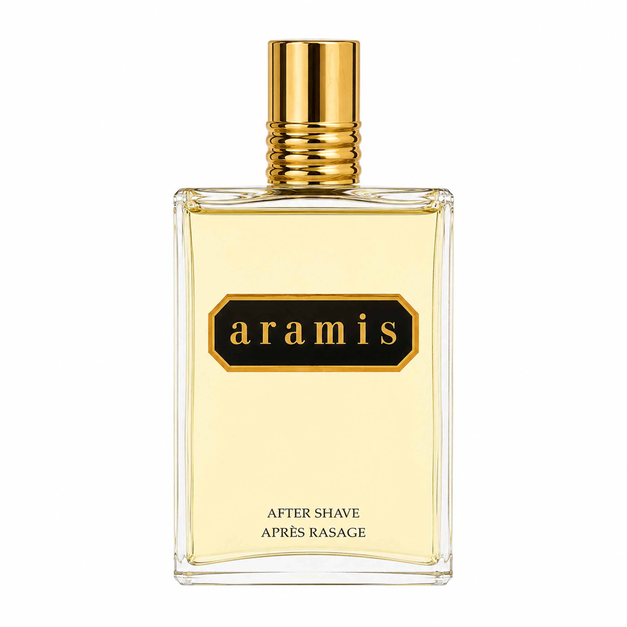 Aramis After Shave-Flakon. Rechteckige Glasflasche mit goldfarbenem Verschluss. Schwarzes Etikett mit Logo und Produktbezeichnung.