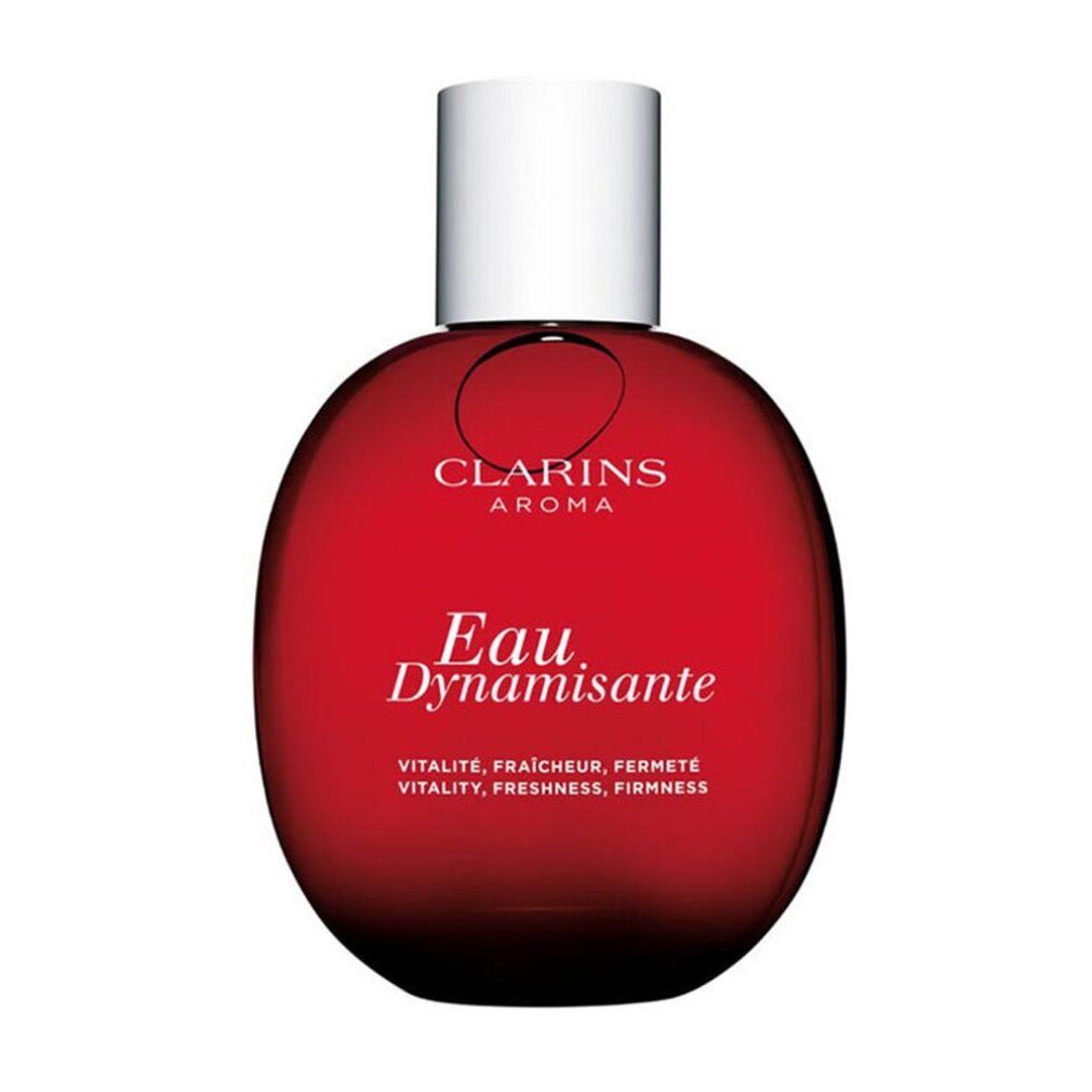 Runde, rote Flasche mit weißem Verschluss. Aufschrift: Clarins Aroma, Eau Dynamisante.
