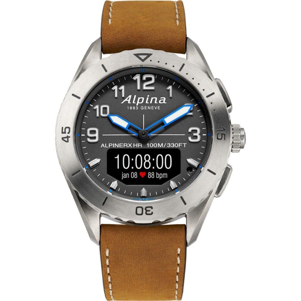 Uhr mit braunem Lederarmband. Zifferblatt mit digitaler Anzeige, Alpina-Logo. Edelstahlgehäuse.