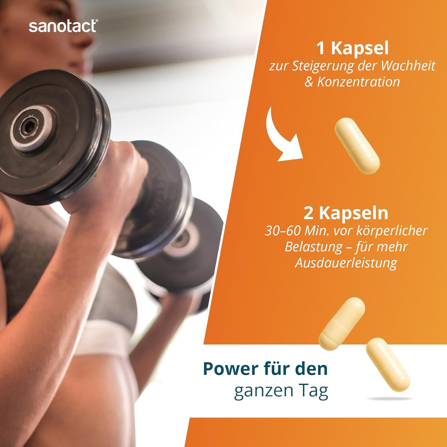 Nahaufnahme von Kapseln neben Hanteln. 1 Kapsel für Wachheit, 2 Kapseln für Ausdauer. Text: Power für den ganzen Tag.