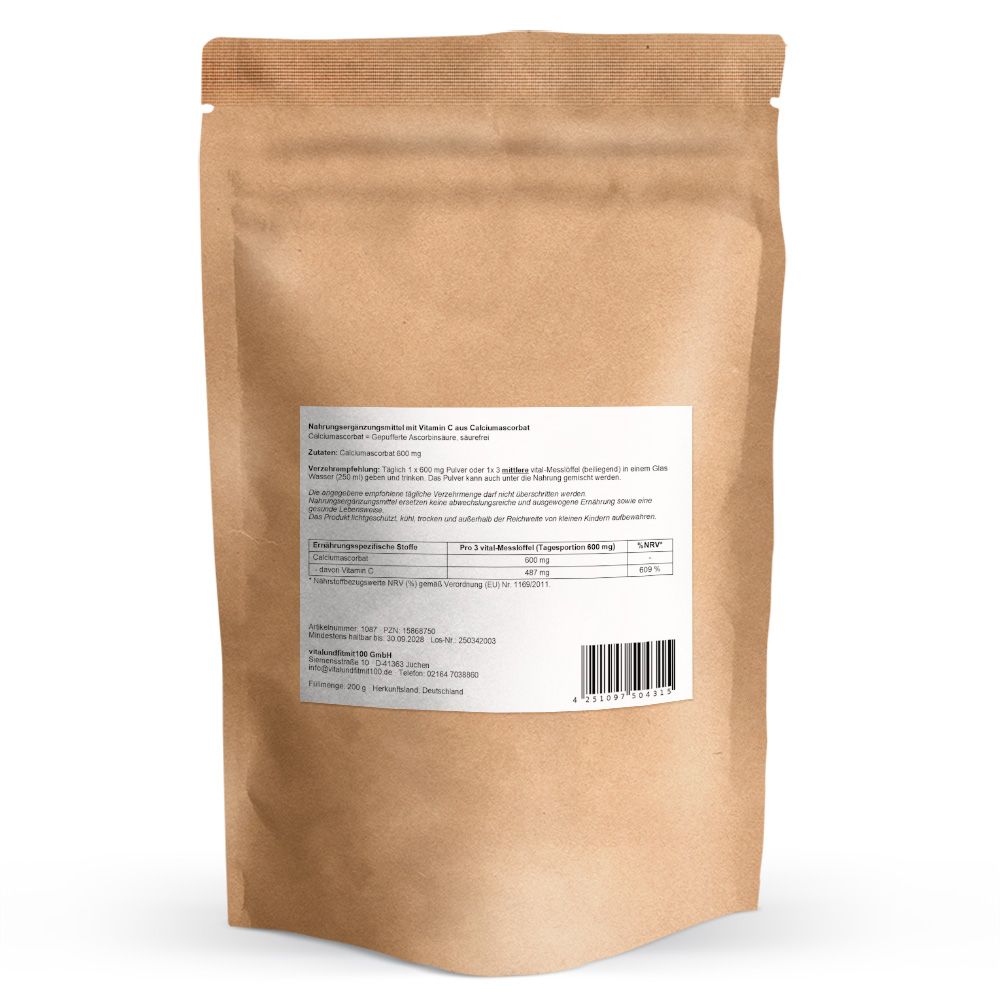 Rückseite eines braunen Beutels mit Produktinformationen und Barcode für Vitalundfitmit100 Vitamin C gepuffert.