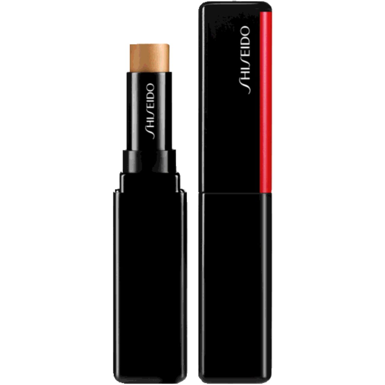 Schwarzer Concealer-Stick mit Deckel. Marke Shiseido. Produktname auf dem Stick. Offen und geschlossen.