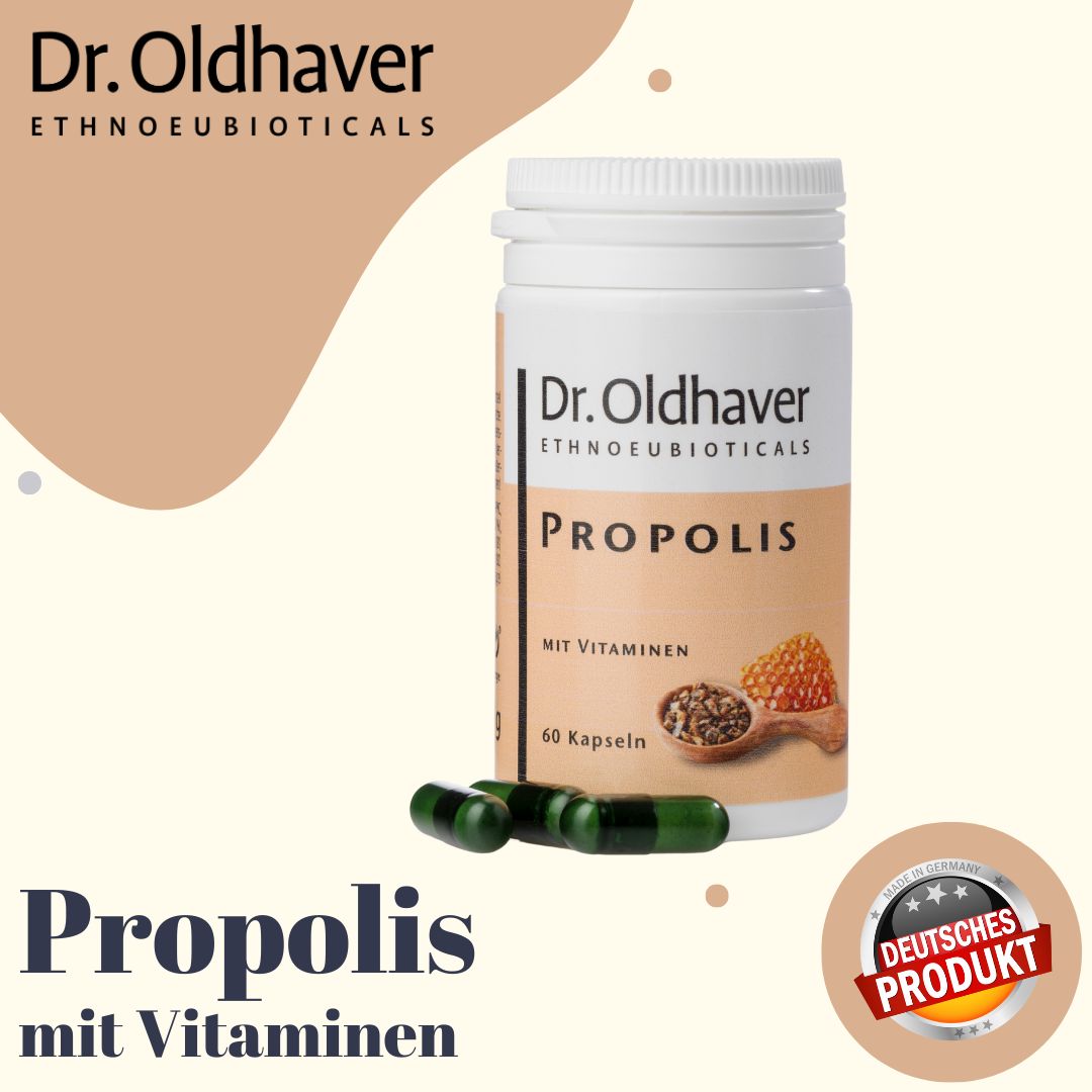 Produktabbildung: Dr. Oldhaver Propolis Kapseln. Aufschrift: Propolis mit Vitaminen. Deutsches Produkt-Siegel.