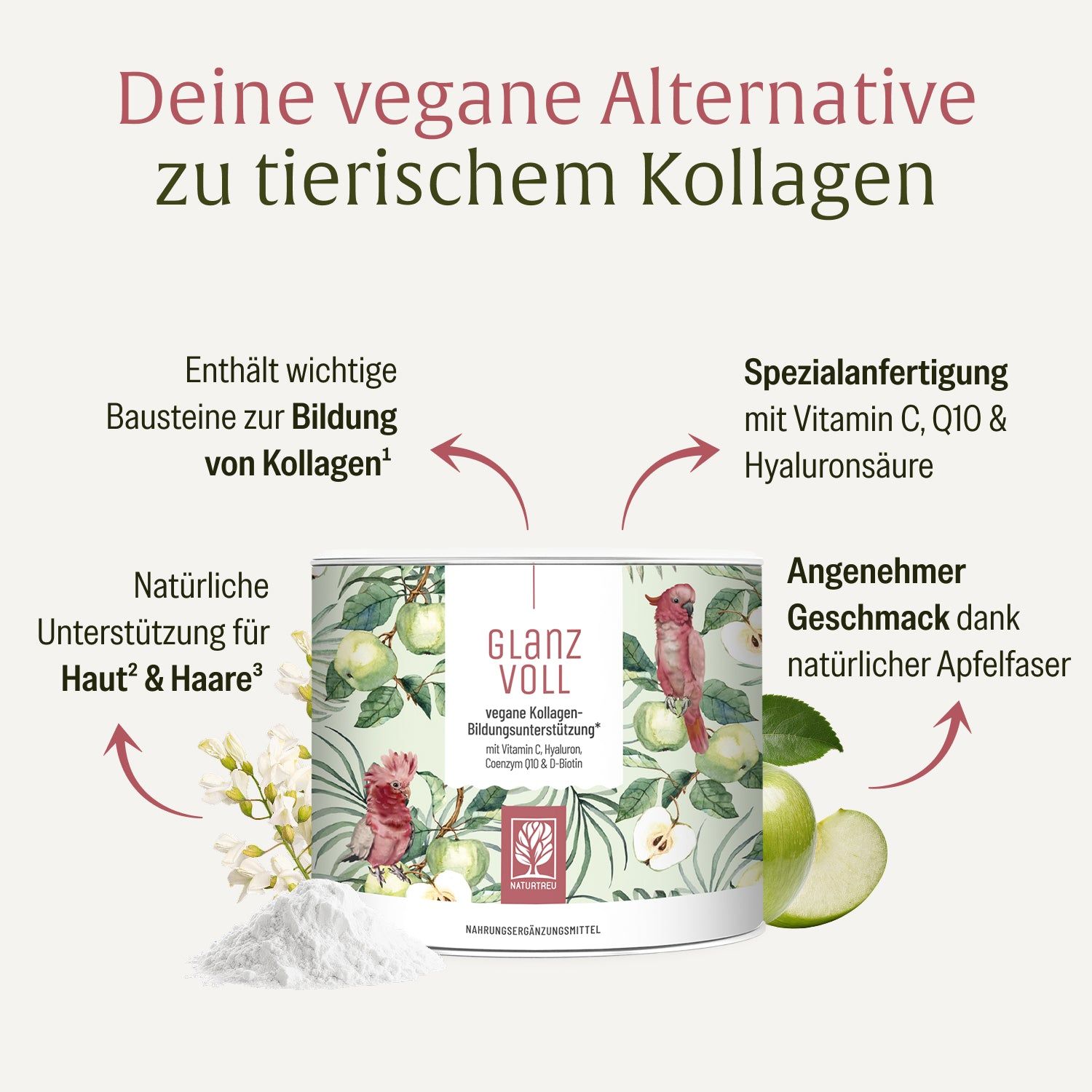 Dose Glanz Völl veganes Kollagen-Pulver mit Äpfeln und einem Vogel.