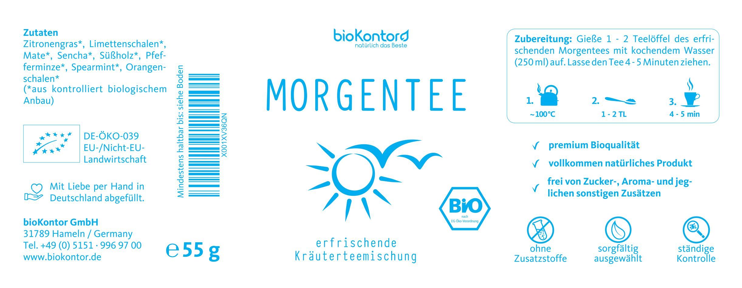 Etikett mit Aufschrift Morgentee, Bio-Siegel, Zutatenliste, Zubereitungshinweise, EU-Bio-Logo.