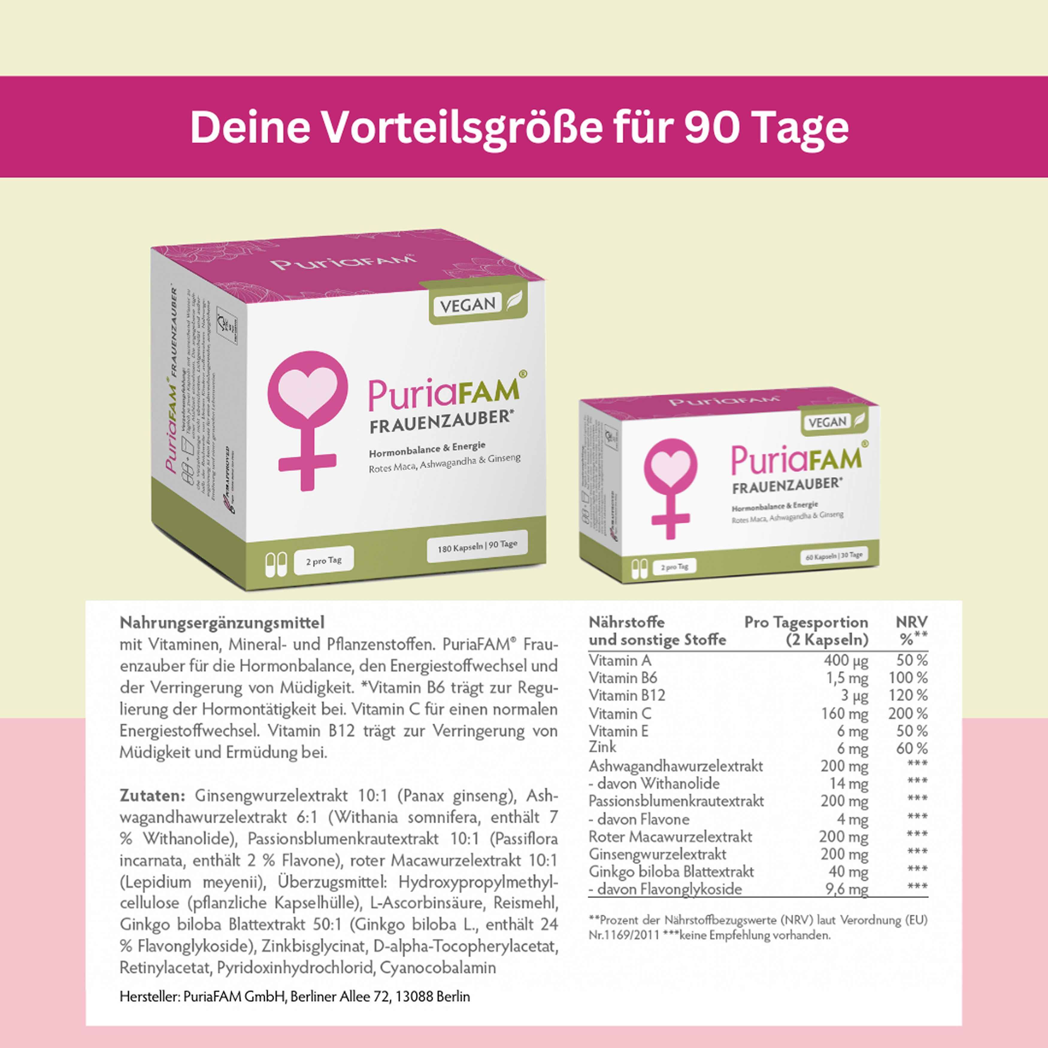 Zwei Produktverpackungen. Aufschrift: PuriaFAM Frauenzauber. Inhaltsstoffe und Nährwerttabelle. Vegan-Logo.