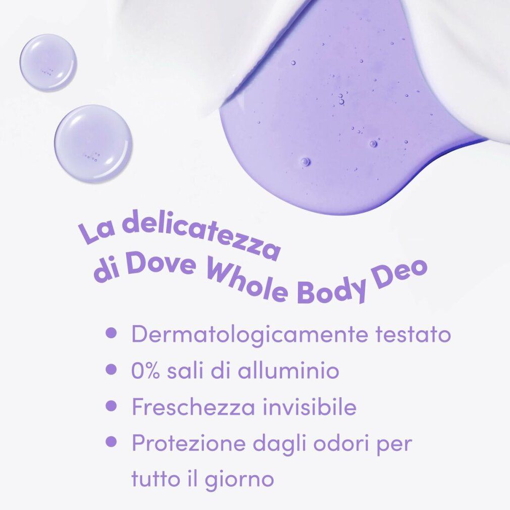 Nahaufnahme von lilafarbenen Flüssigkeitstropfen. Text: La delicatezza di Dove Whole Body Deo.