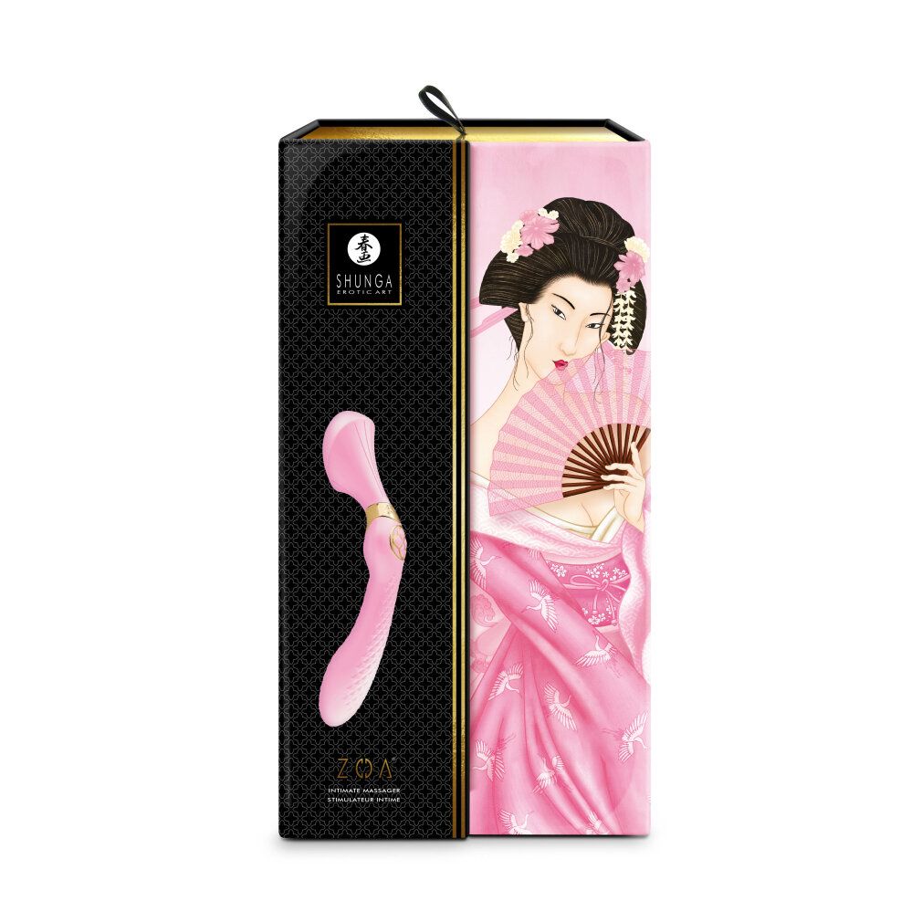 Rosa Stimulator und Verpackung. Geisha-Illustration. Produktname und Logo sichtbar. Auf weißem Hintergrund.