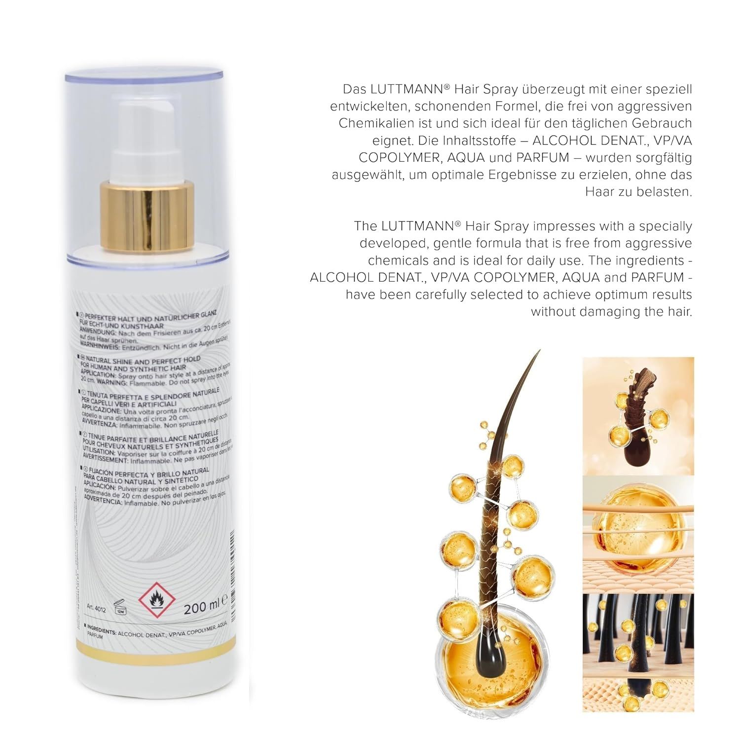 Haarspray-Flasche mit Text und Logo. Text: '200 ml'. Abbildung von Haaren und Inhaltsstoffen.