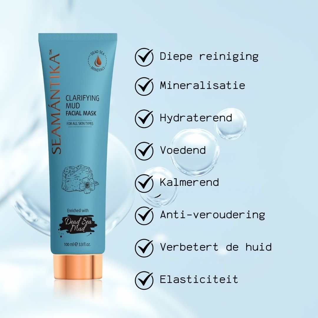 Turquoise blauwe tube. Opschrift: SEAMANTIKA, Clarifying Mud Facial Mask. Met vinkjes en Nederlandse teksten.