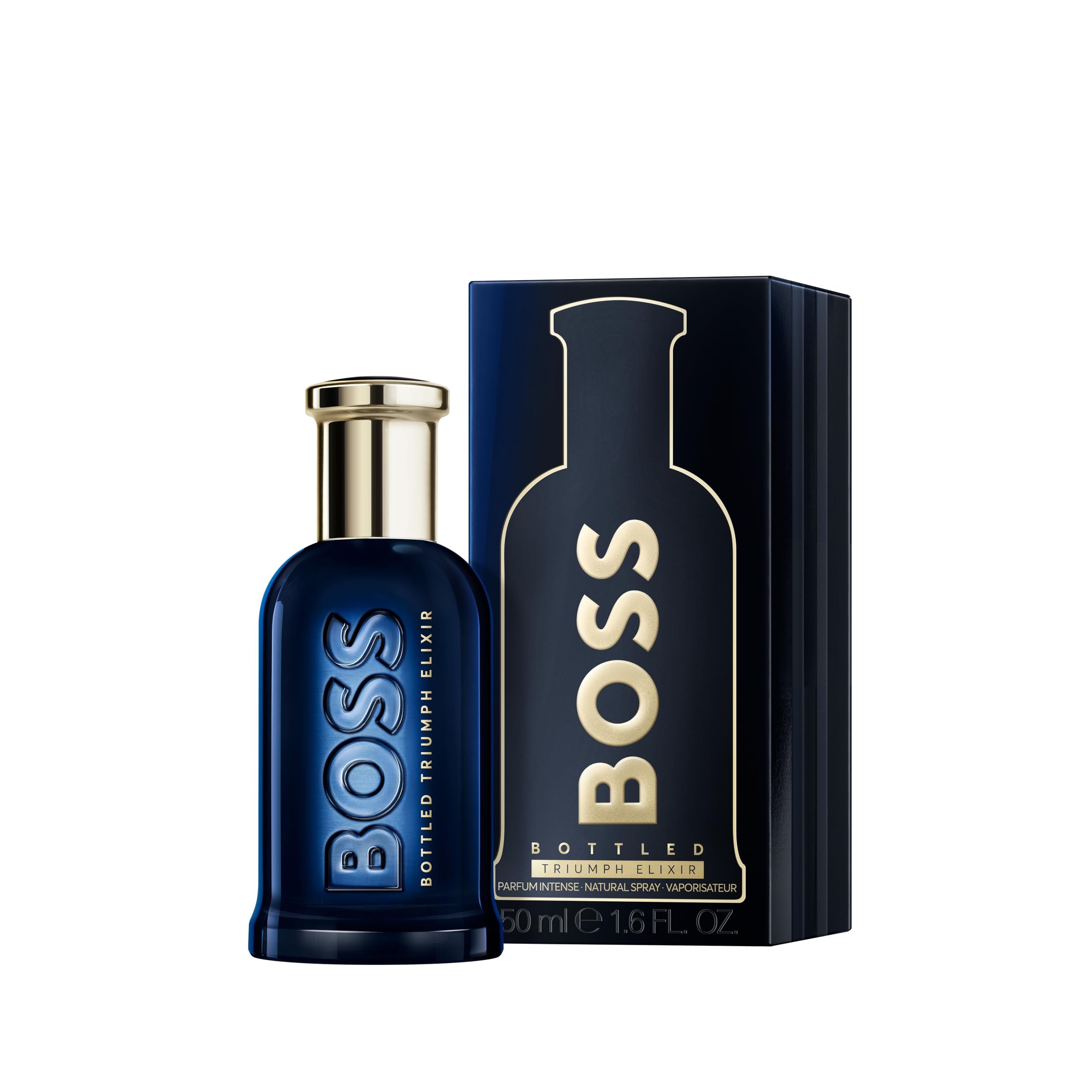 Hugo Boss Bottled Triumph Elixir Parfumflakon und Schachtel. Dunkelblau mit goldener Schrift.