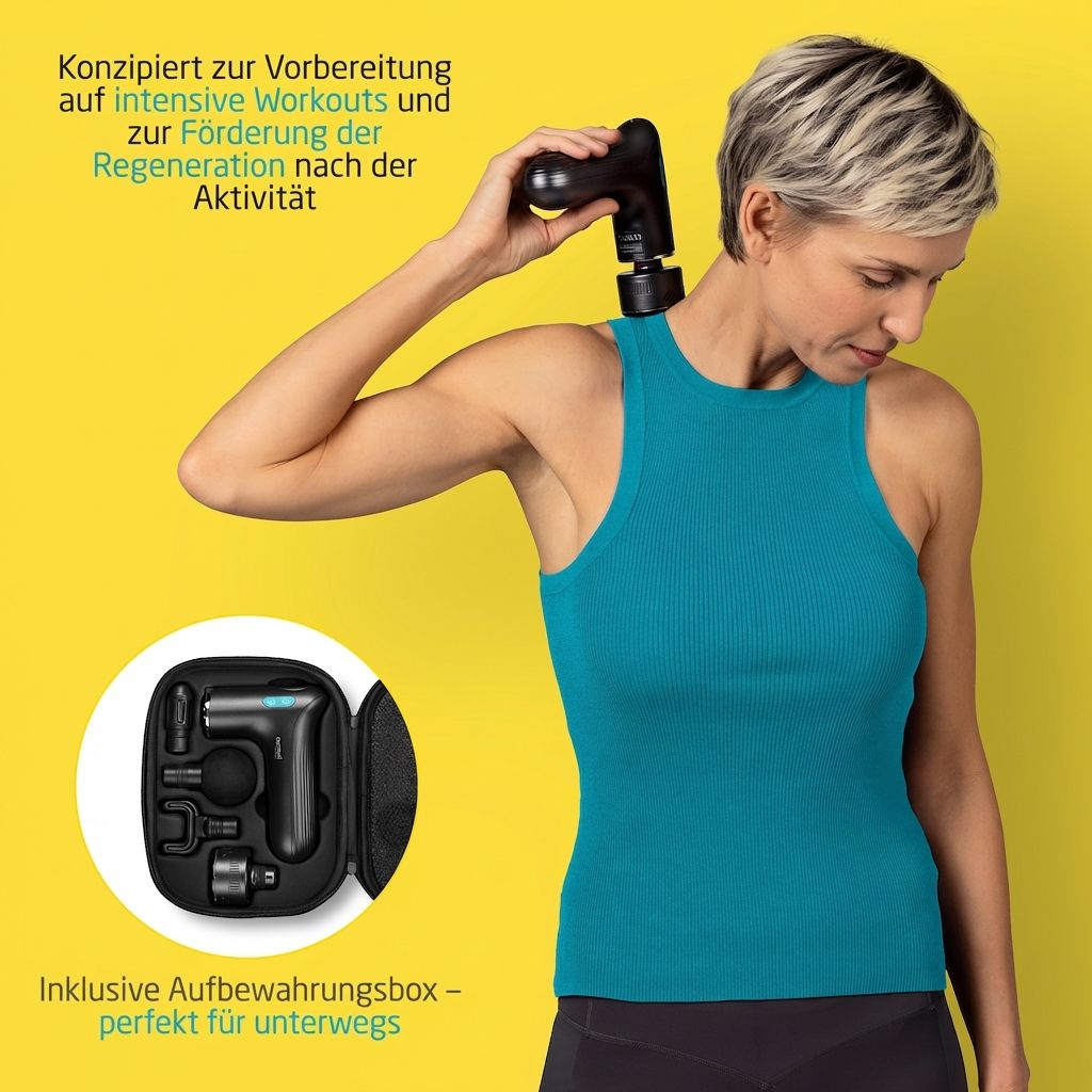 Frau benutzt Massagepistole am Nacken. Inklusive Aufbewahrungsbox.