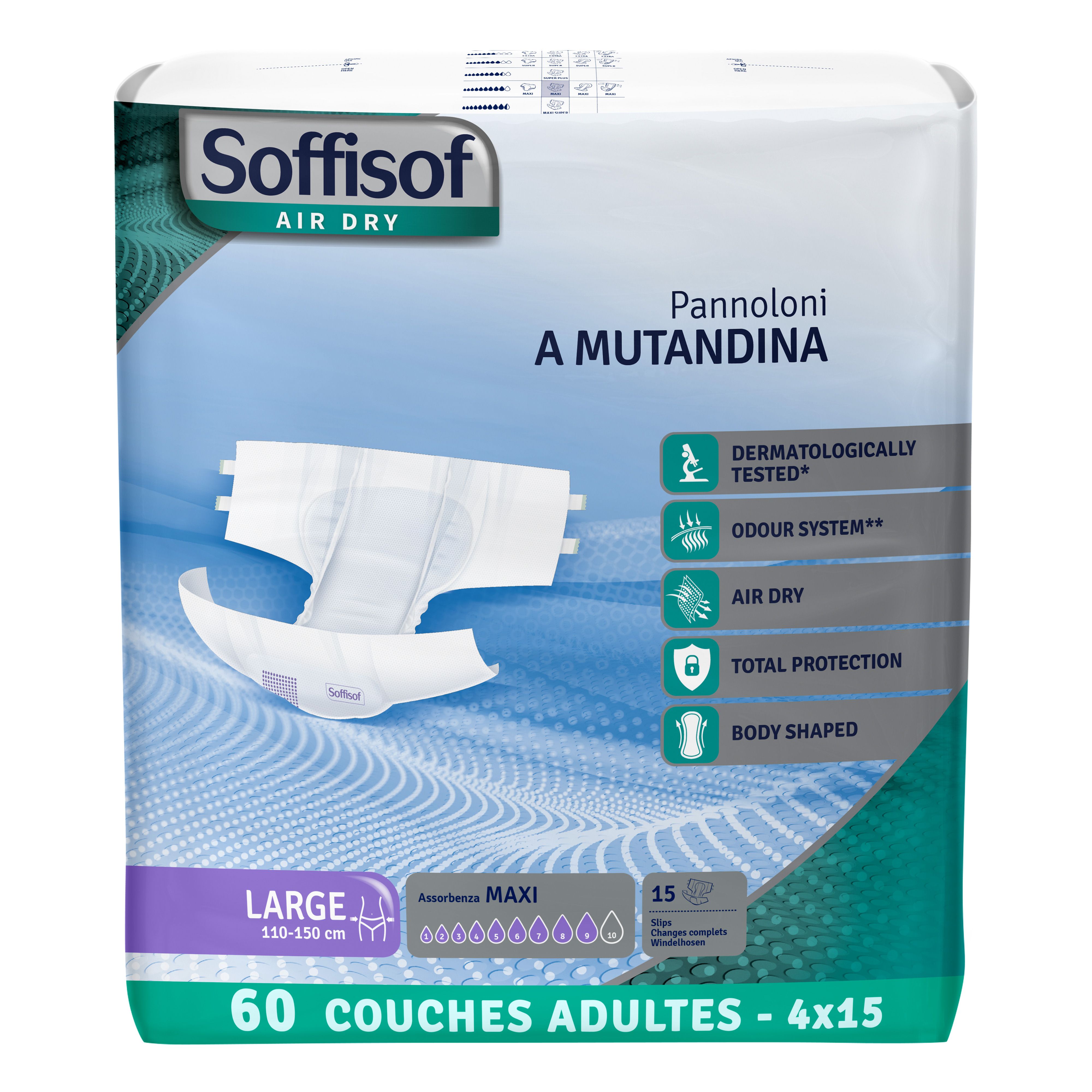 Couches adultes Soffisof Air Dry Maxi. Emballage bleu et blanc. Taille Large, 60 couches.