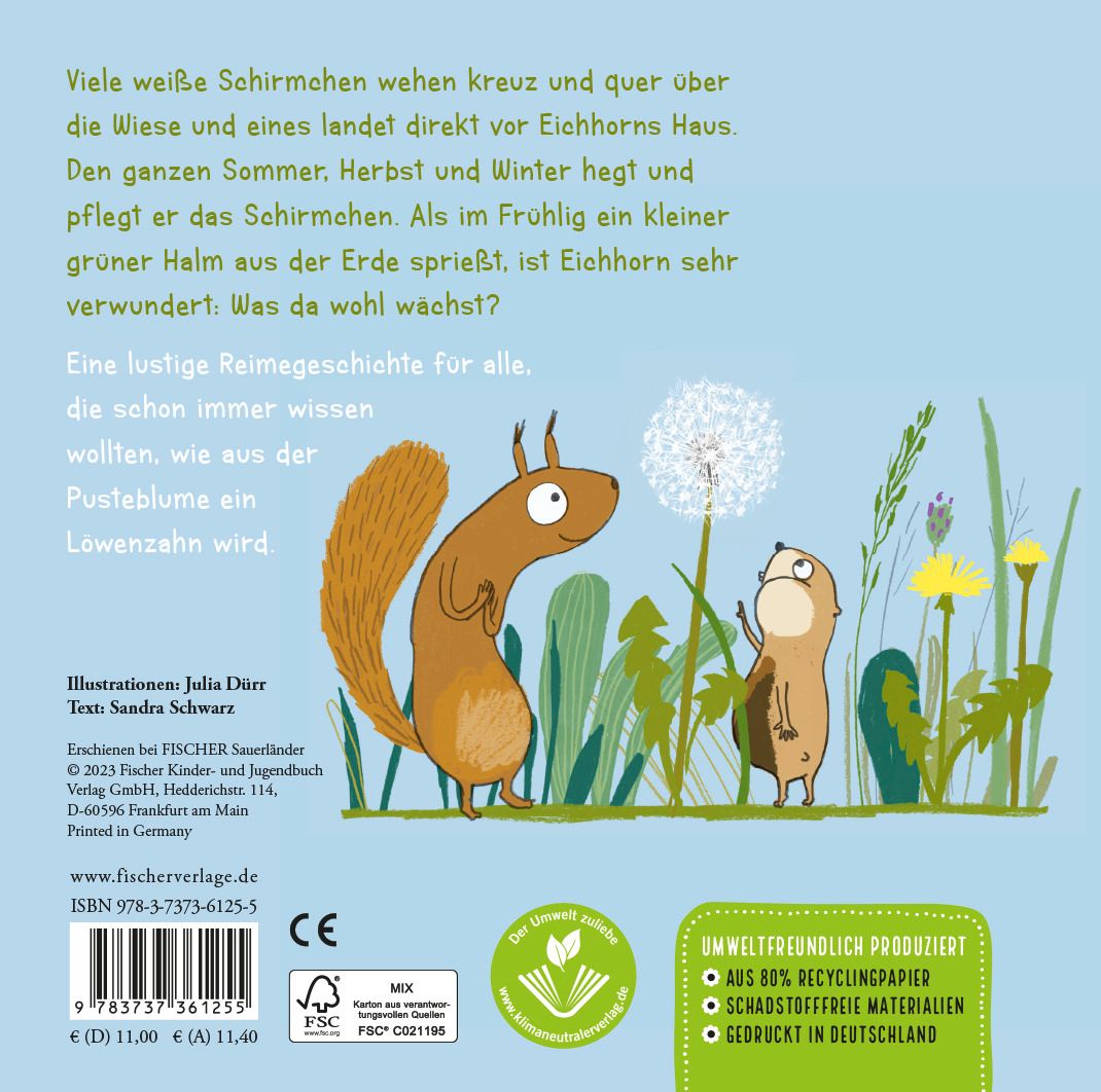 Rückseite des Buches mit Illustrationen von Eichhörnchen und Pusteblume. Text, ISBN, Verlagslogo und Umweltzeichen.