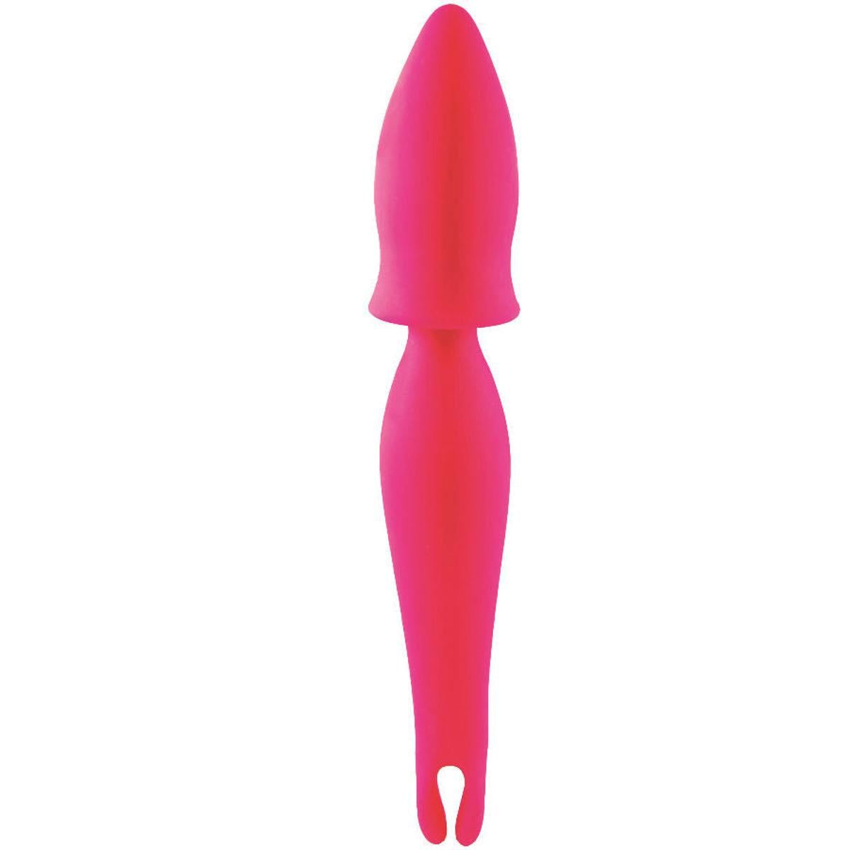 Rosa Vibrator mit abgerundeter Spitze und gebogenem Griff. Oberteil mit erhabenen Punkten. Unterteil mit gebogener Form.