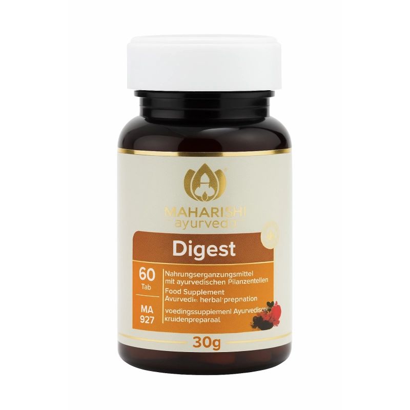 Braune Tablettenflasche mit weißem Deckel. Aufschrift: Maharishi Ayurveda, Digest, 60 Tabletten, Nahrungsergänzungsmittel.