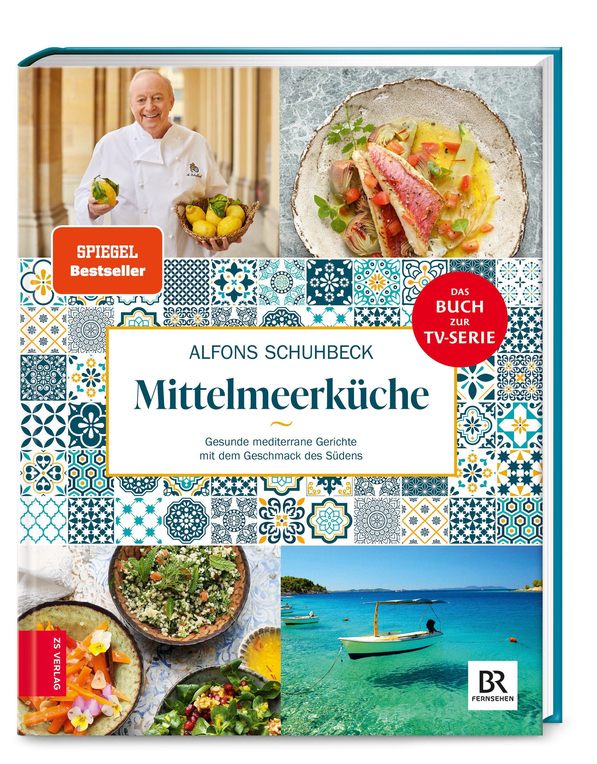Buchcover von "Schuhbecks Mittelmeerküche". Titel, Autor, Fotos von Gerichten und Koch, sowie Auszeichnungen.