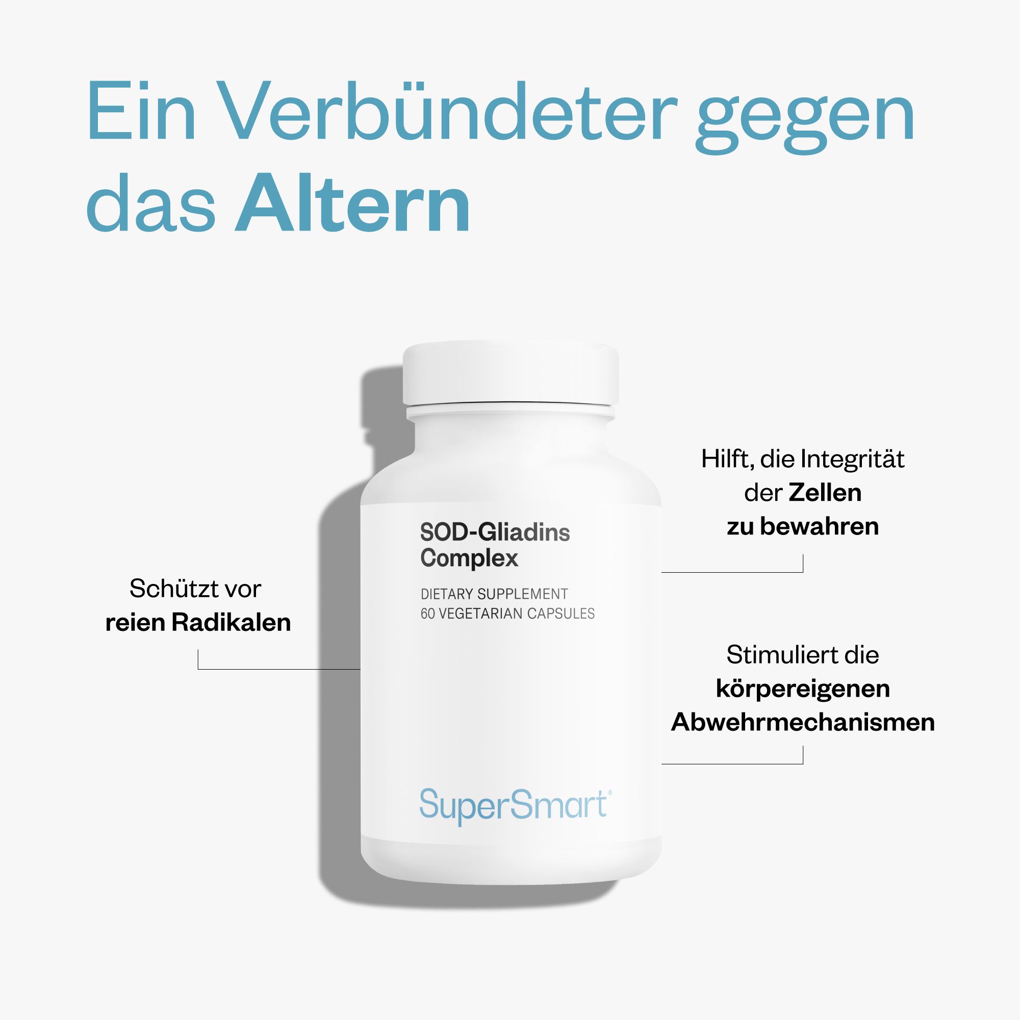 Weiße Flasche SOD-Gliadin-Komplex. 60 vegetarische Kapseln. SuperSmart Logo. Text: Dietary Supplement.