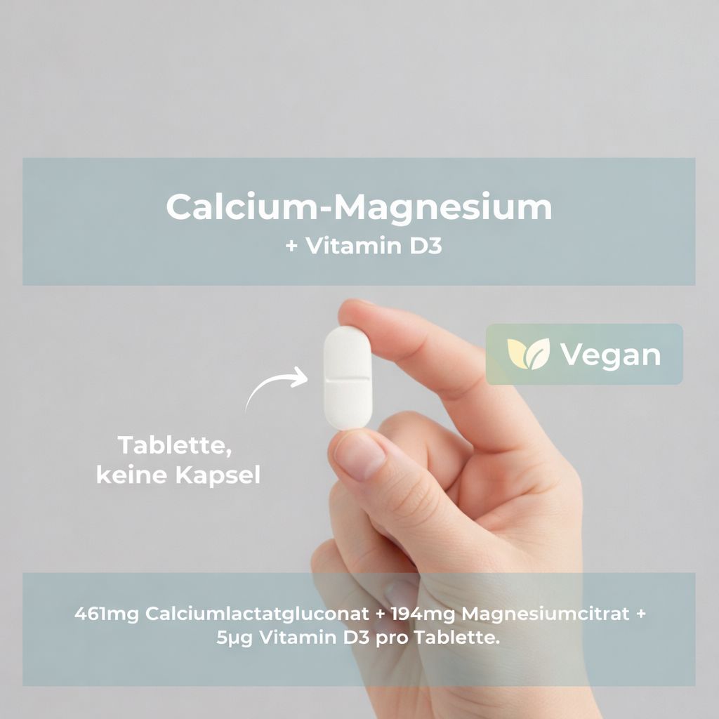 Hand hält eine weiße Tablette. Text: Calcium-Magnesium + Vitamin D3. Vegan-Logo. Inhaltsangabe.
