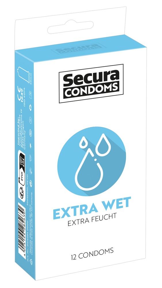 Kartonverpackung mit Secura Condoms Logo, Tropfen-Symbol und Aufschrift 'Extra Wet'. Enthält 12 Kondome. Mit Aufhänger.
