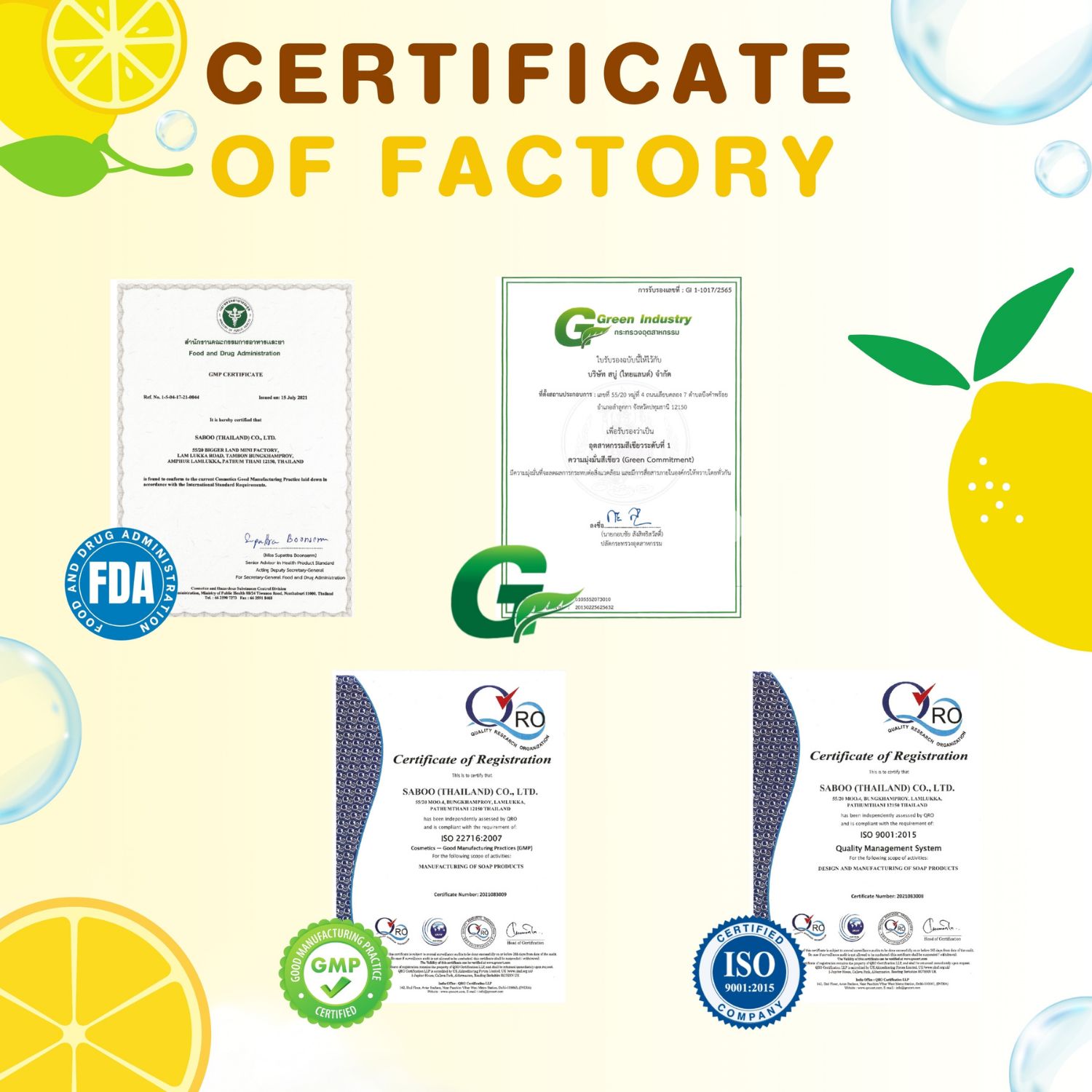 Zertifikate von Fabriken. FDA-Logo, G-Logo, GMP-Logo, ISO 9001-Logo. Text in thailändischer Sprache.