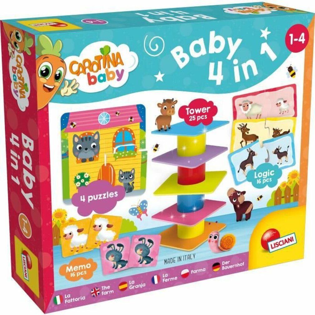 Verpackung von Carotina Baby 4 in 1. Enthält Puzzles, Turm, Memo-Spiel. Mit Illustrationen von Tieren und Haus. Alter 1-4.